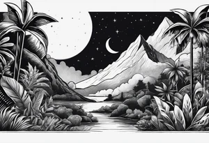 simple jungle, rocket, moon tattoo idea