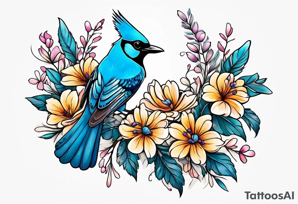 Steller’s Jay bird with flowers tattoo idea
