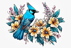 Steller’s Jay bird with flowers tattoo idea