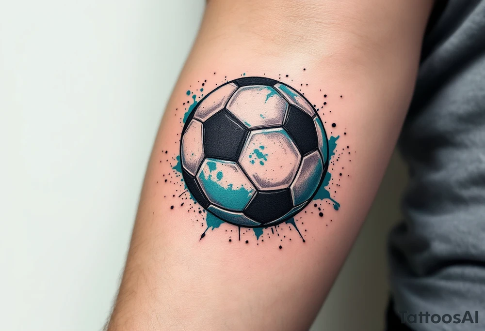 A small behind-the-ear soccer ball tattoo in black with a splash of teal paint. tattoo idea