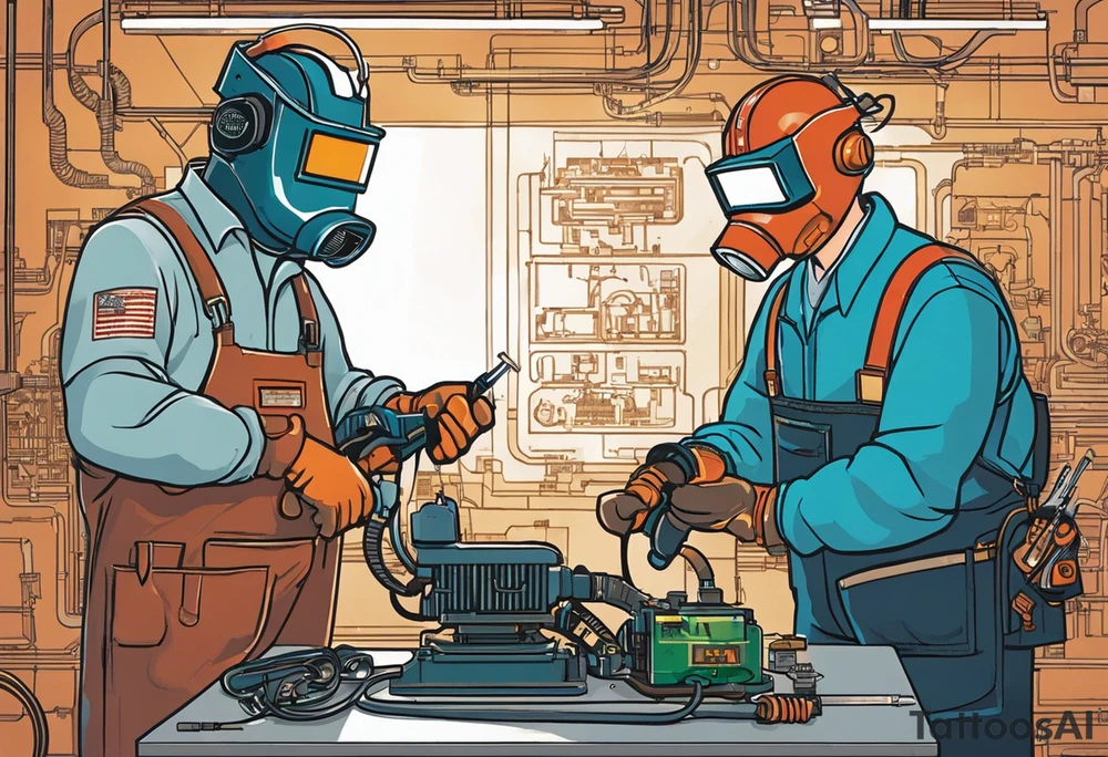 Two 60-year-old characters working together on creating a big mechanism made of iron and electronic circuits. The first character is a welder, dressed in a welding suit and mask. The second character is a fitter, wearing a shirt with sleeves rolled up to the forearms and a tool belt. No hat. The mechanism they are working on should be in the center of the drawing, should look like a heart and to be 1\5 of the whole immage.  Characters positioned on either side of the mechanism. The sketch should convey a sense of teamwork and craftsmanship tattoo idea