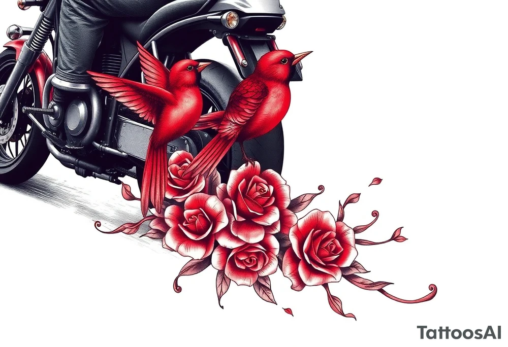 Motorcycle driving away, two red birds flying, roses and lace, flames tattoo idea