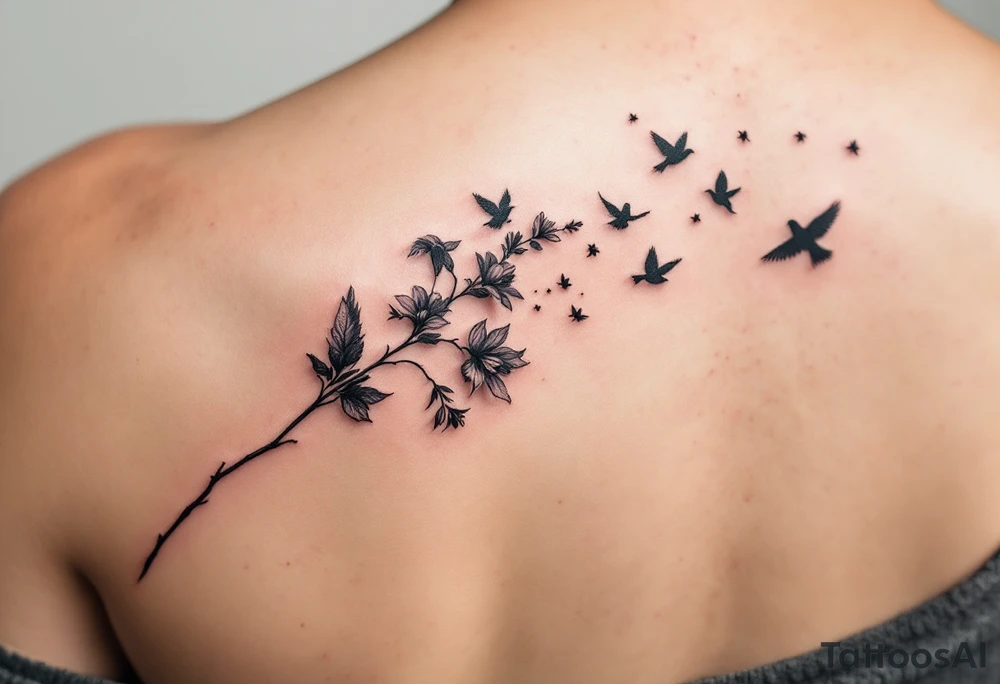 A wood violet blowing in the wind with pedals floating away turning into birds tattoo idea