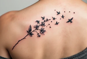 A wood violet blowing in the wind with pedals floating away turning into birds tattoo idea