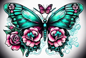 sugar skull butterflies pink and teal flowers tattoo idea