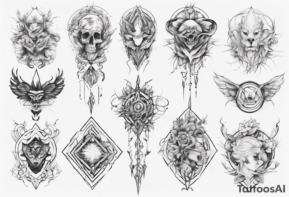 Create a tattoo with five separate images that are connected vertically by a single line tattoo idea
