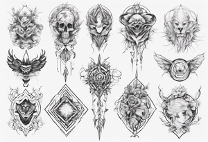 Create a tattoo with five separate images that are connected vertically by a single line tattoo idea