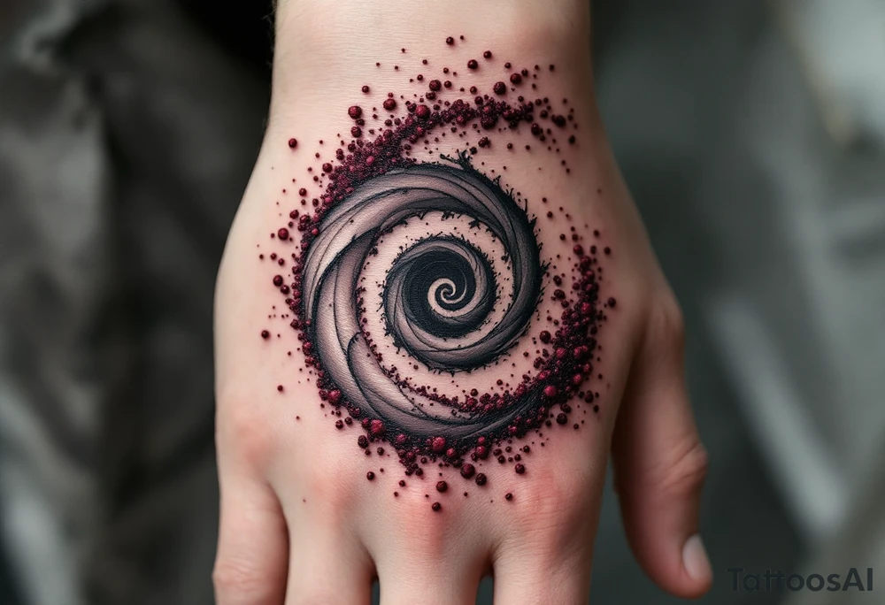 A smoke-gray spiral dissolving into specks of maroon, portraying release and change. tattoo idea