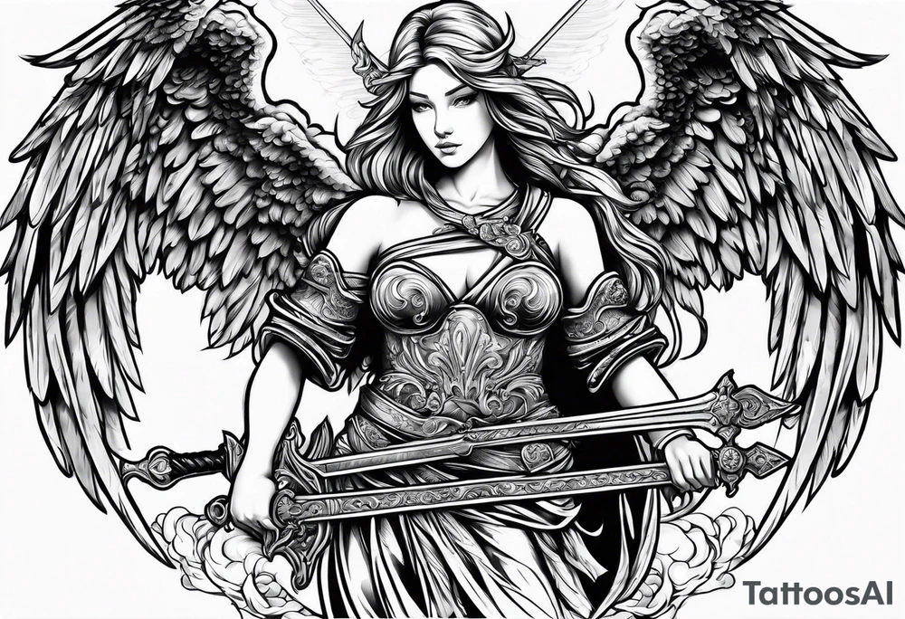 Angels with swords in the sky tattoo idea