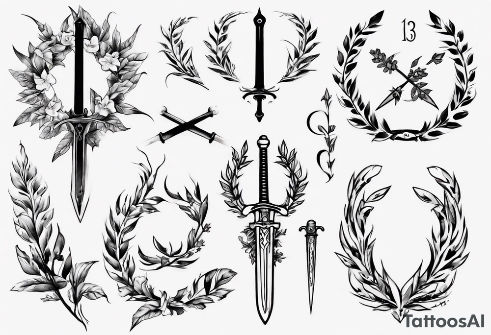 tattoo uses all the following details - the number 13, a sword, a laurel leaf wreath, and amor fati. tattoo idea