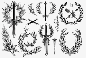 tattoo uses all the following details - the number 13, a sword, a laurel leaf wreath, and amor fati. tattoo idea