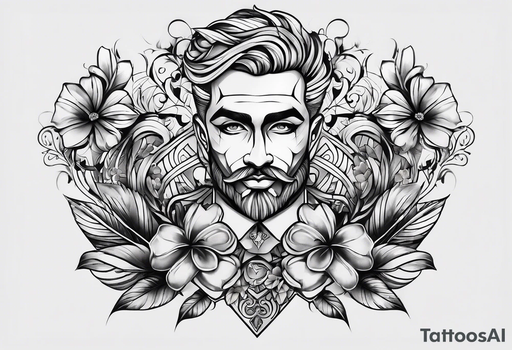 mens chest tattoo with 4 leaf clovers on the collar bone, stripes on the shoulders and two faces on in the middle with shading tattoo idea