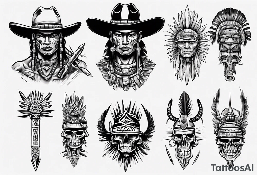 aztec with cowboy hat holding a spear tattoo idea