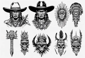 aztec with cowboy hat holding a spear tattoo idea