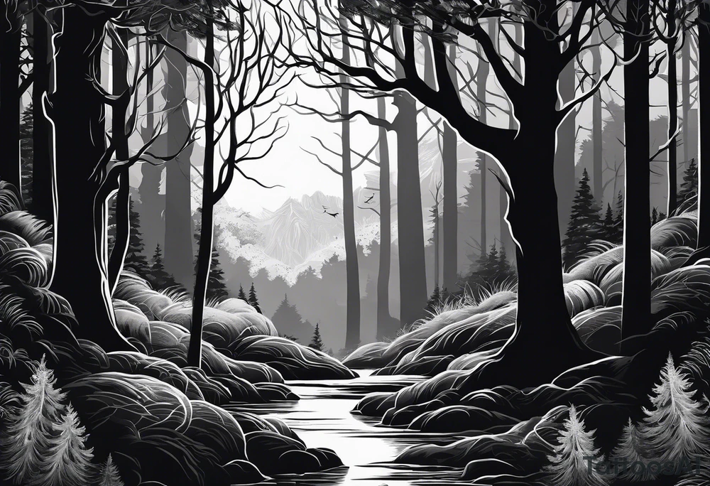 long black silhouettes with white eyes in a big dark forest tattoo idea