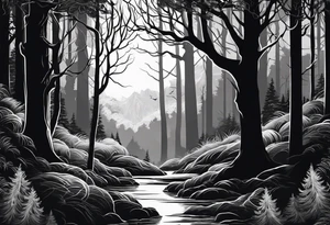 long black silhouettes with white eyes in a big dark forest tattoo idea