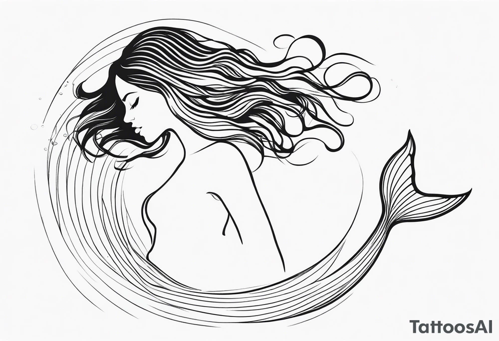 mermaid, long hair, diving like a dolphin face in profile, one-line, tail in bottom left corner, right top right corner tattoo idea