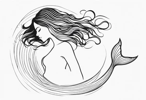 mermaid, long hair, diving like a dolphin face in profile, one-line, tail in bottom left corner, right top right corner tattoo idea