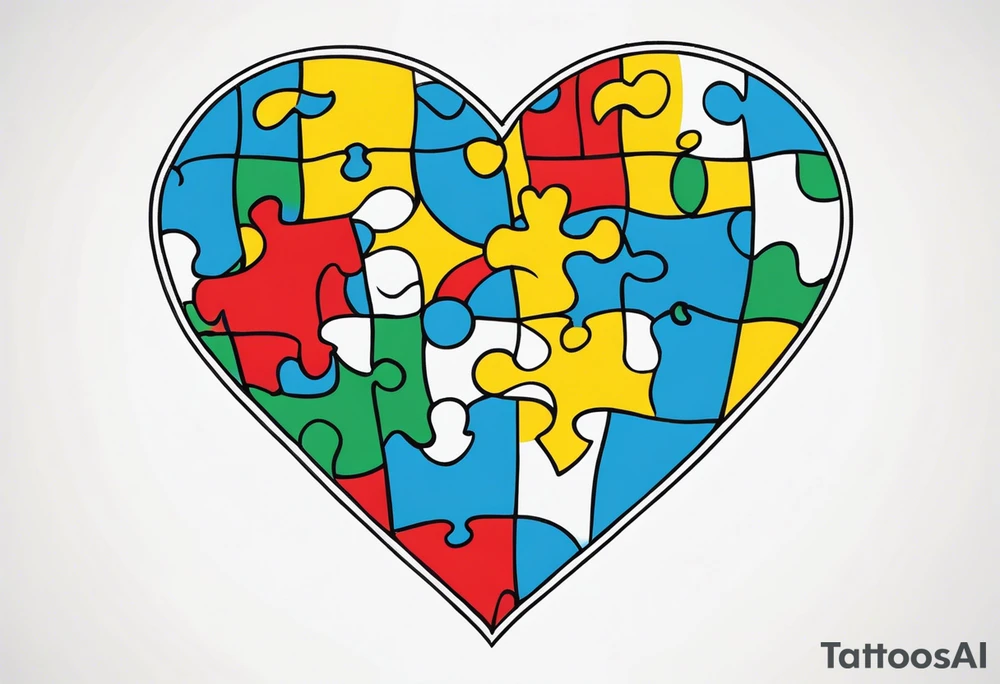 I want a tattoo with the autism puzzle pieces, using the colors blue, yellow, green and red, in the shape of a heart. tattoo idea