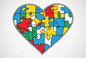 I want a tattoo with the autism puzzle pieces, using the colors blue, yellow, green and red, in the shape of a heart. tattoo idea