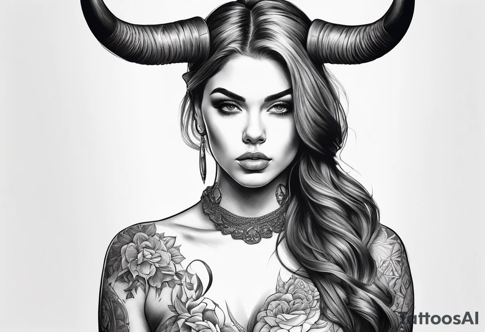 curved horns facing downwards dark realism beautiful woman looking
front facing view with tattoo idea