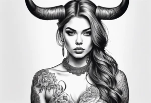 curved horns facing downwards dark realism beautiful woman looking 
front facing view with tattoo idea