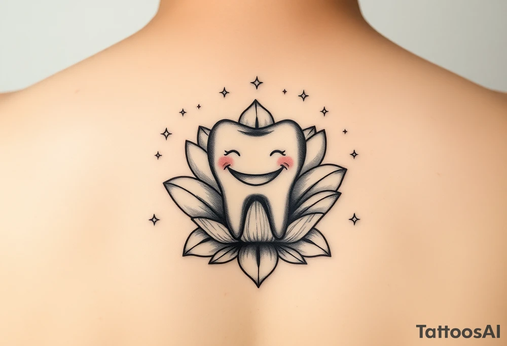 A smiling molar tooth sitting inside an open flower, surrounded by tiny sparkling stars, fine-line style, minimal and delicate. tattoo idea