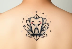 A smiling molar tooth sitting inside an open flower, surrounded by tiny sparkling stars, fine-line style, minimal and delicate. tattoo idea