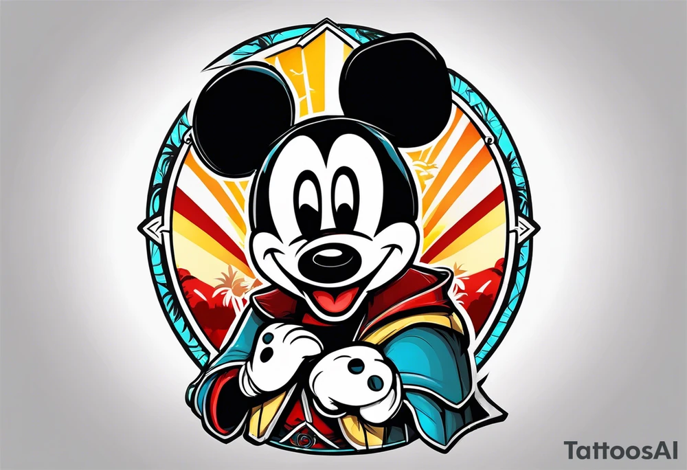 mickey mouse assassins creed character that is in the style of tron with palm trees tattoo idea