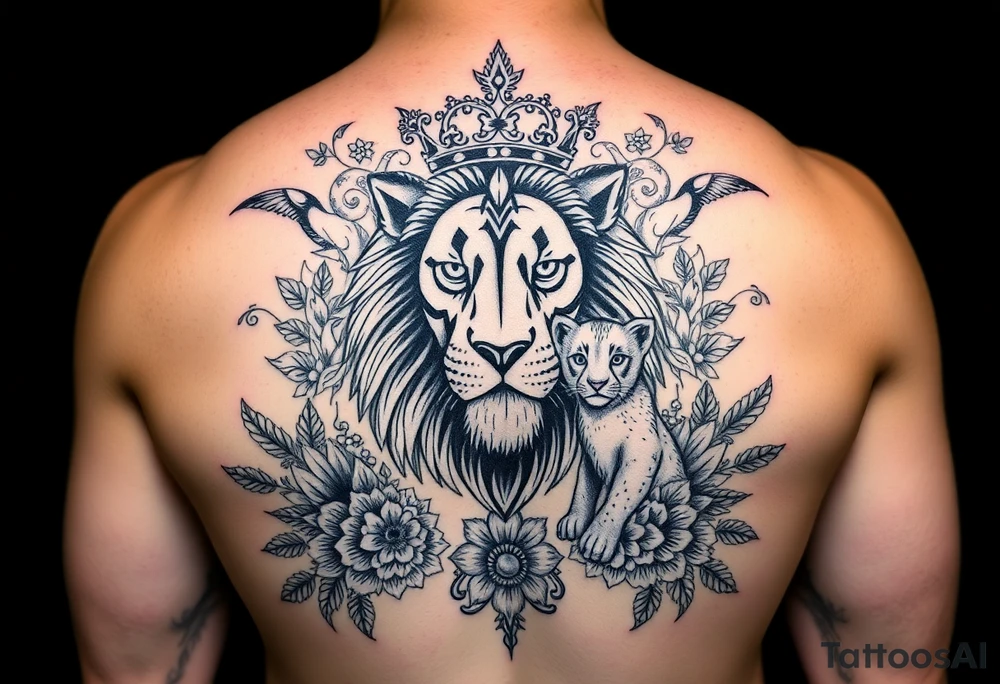 powerful majestic lion and cub with a crown, surrounded by floral ornaments and birds tattoo idea