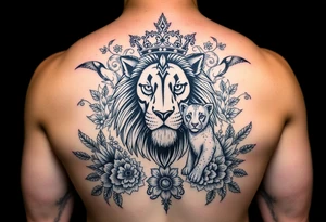 powerful majestic lion and cub with a crown, surrounded by floral ornaments and birds tattoo idea