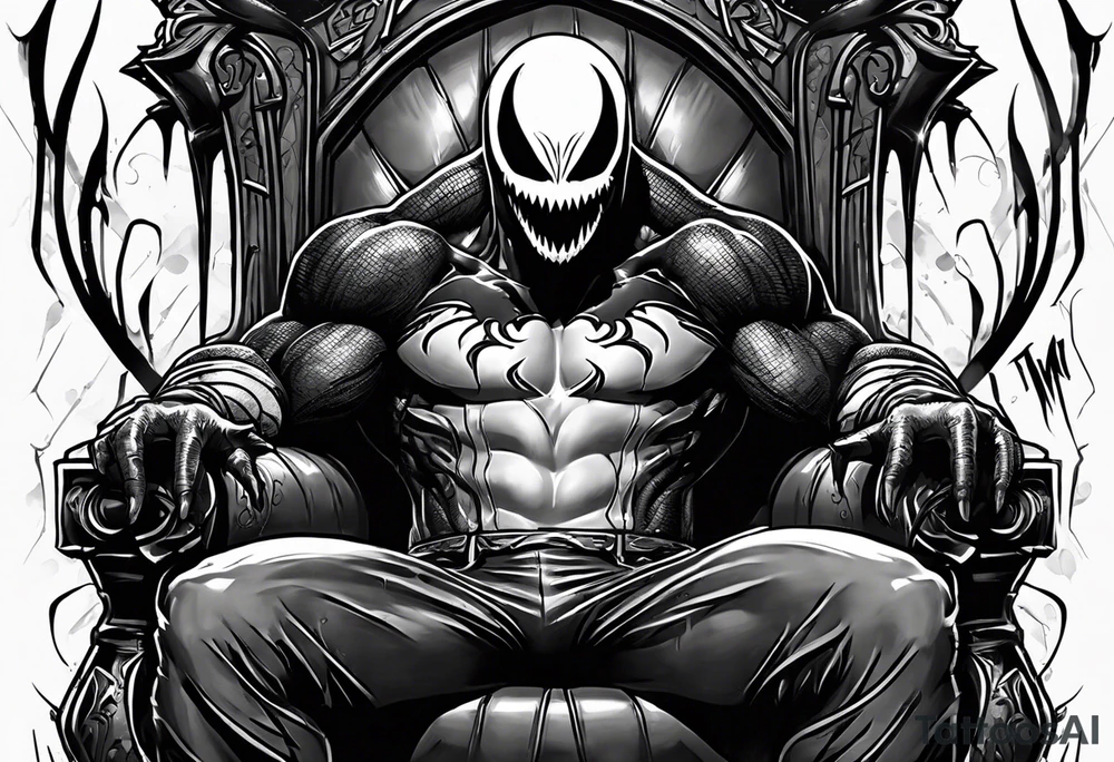 Smiling Venom with tongue out on throne with paint drip with Kobe’s black mamba symbol on the chest tattoo idea