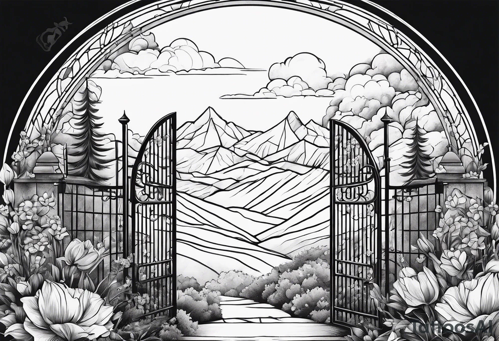 night town mountains garden gate entrance
in circle vignette surrounded by clouds floral tattoo idea