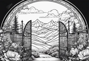 night town mountains garden gate entrance 
 in circle vignette surrounded by clouds floral tattoo idea