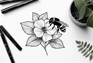 Small black and white minimalist tattoo for forearm of a Hydrangea and a small bee tattoo idea