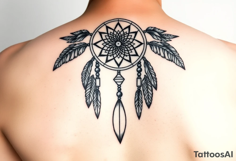 native dreamcatcher with flowing feathers and sacred beads tattoo idea