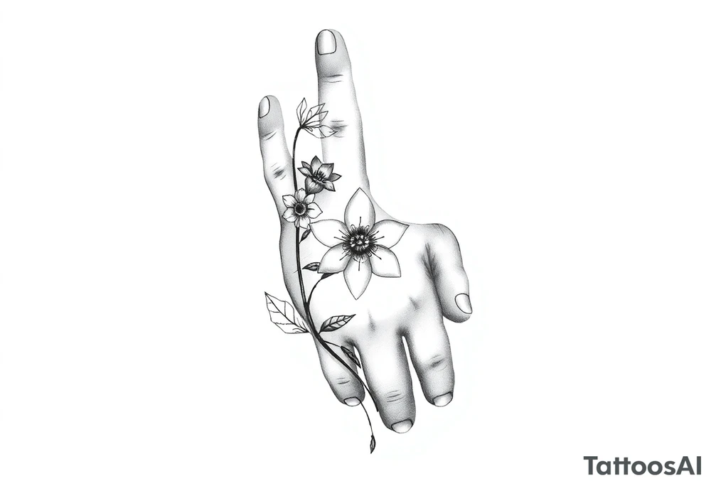 Baby hand print, Freya, 25.07.2024, larkspur flower tattoo idea