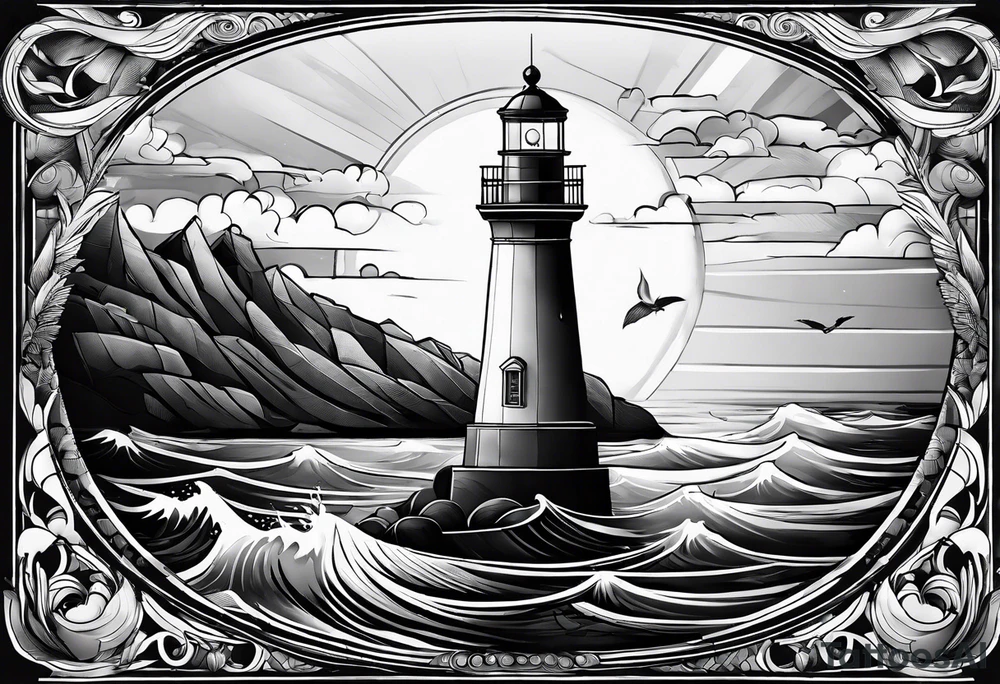 phare maritime dans un bateau a voiles vu du devant. tattoo idea