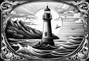 phare maritime dans un bateau a voiles vu du devant. tattoo idea