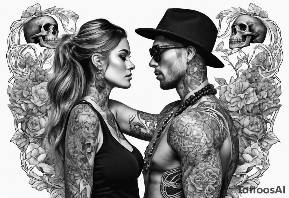 A skeleton and woman together With a quote tattoo idea