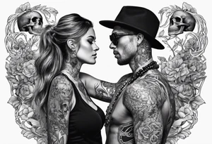A skeleton and woman together With a quote tattoo idea