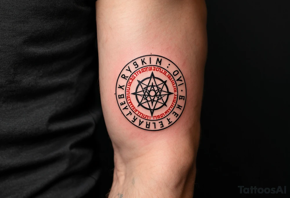 A bold black Rodovik (Family Sign) in a circle of red runes, honoring ancestral roots and family legacy. tattoo idea
