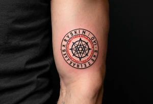 A bold black Rodovik (Family Sign) in a circle of red runes, honoring ancestral roots and family legacy. tattoo idea