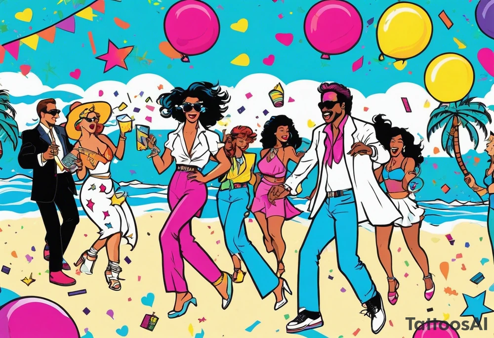 1980's miami vice style beach dance 
party, include confetti, music notes, boom box tattoo idea