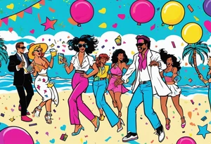 1980's miami vice style beach dance 
party, include confetti, music notes, boom box tattoo idea