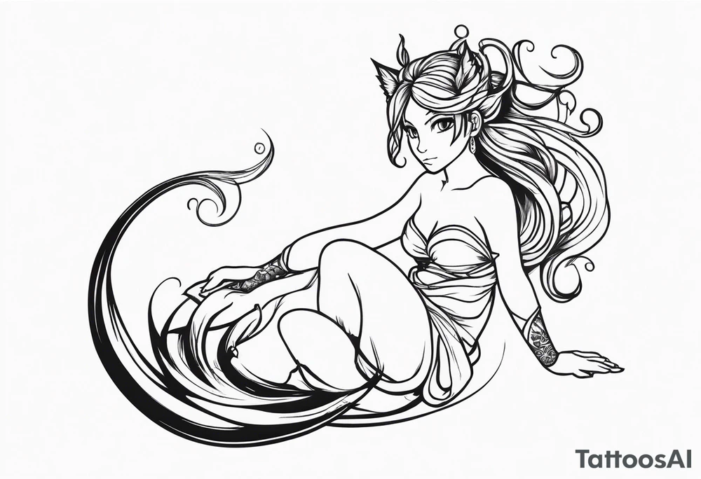 A fairy with a tail inspired by the logo of the show called Fairy Tail in a fetal position leaning in tattoo idea