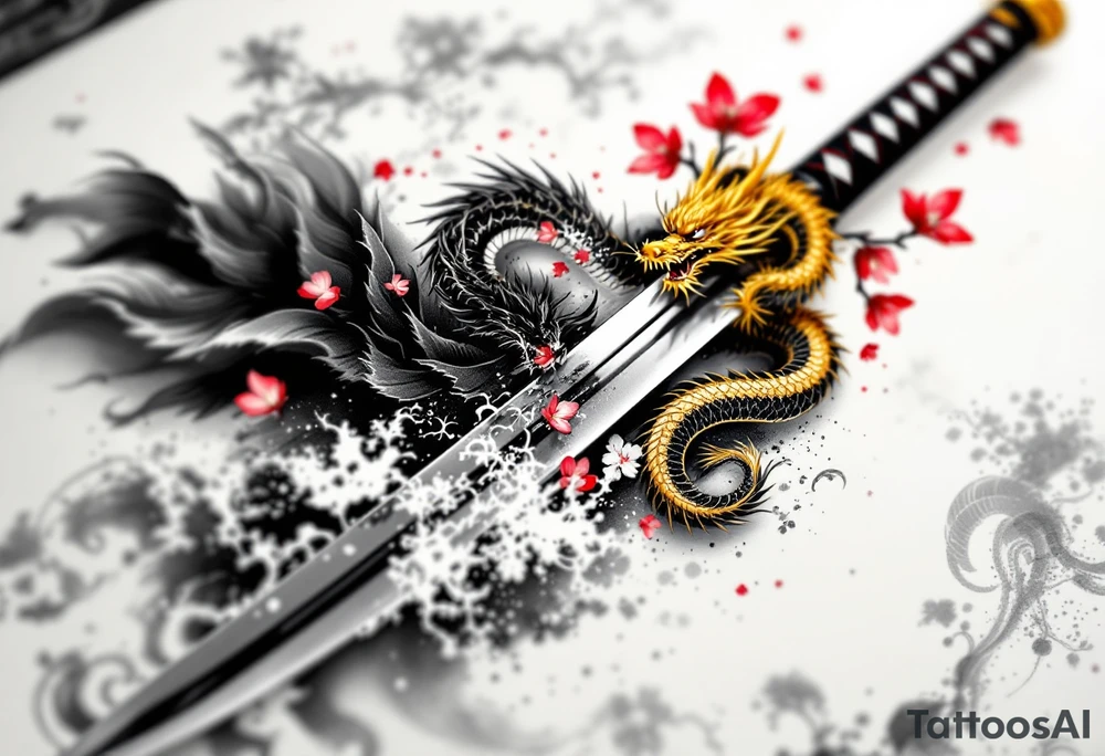 An ancient katana with a dragon-wrapped hilt – A finely detailed Japanese katana with a slightly curved, polished steel blade reflecting soft light. The hilt is tightly wrapped in black and crimson silk, with a golden oriental dragon coiled around it, its scales shimmering in deep gold and red. Cherry blossom petals drift around the blade, and a faint ink brush wave pattern flows in the background, in shades of black, gray, and muted red. tattoo idea