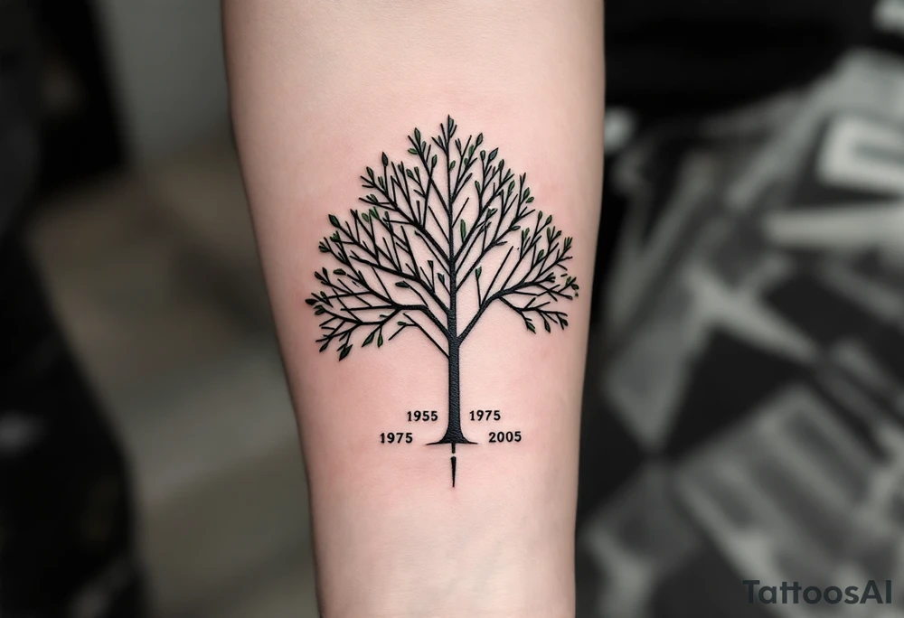 Modern geometric tree, made of straight lines and triangles, each node containing a dates 1955, 1975, 2005. Black ink with soft green shading for branches. tattoo idea