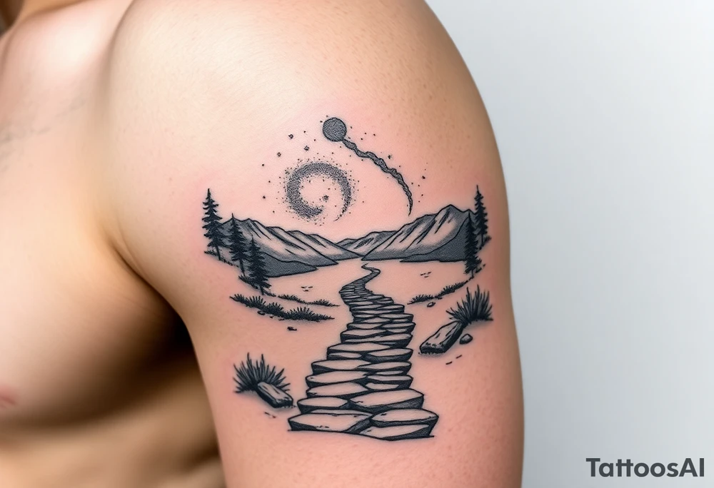 Pathway to lake scene with the cosmos in the sky tattoo idea