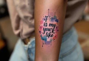 Pink ink lettering on darker skin, glowing subtly like chalk on a blackboard, surrounded by geometric shapes. tattoo idea